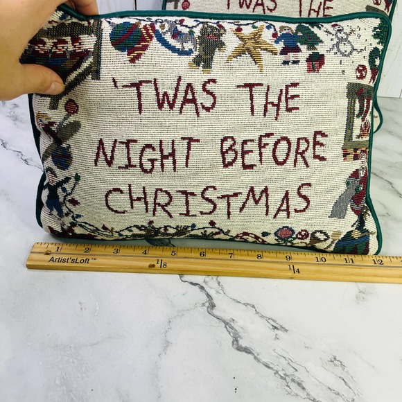 Vintage Christmas Tapestry Throw Pillow Set Pair 2 'Twas The Night Before 12" - Picture 7 of 8
